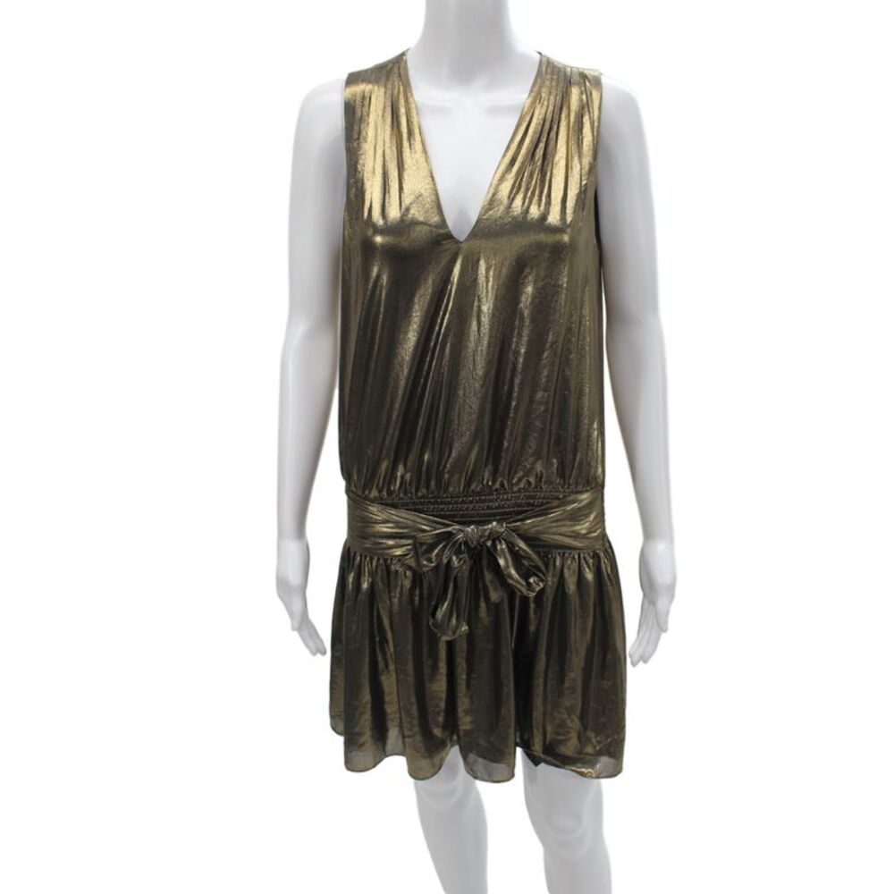 Ramy Brook Women Gold Metallic Blouson Sleeveless V-Neck Short Dress Size S